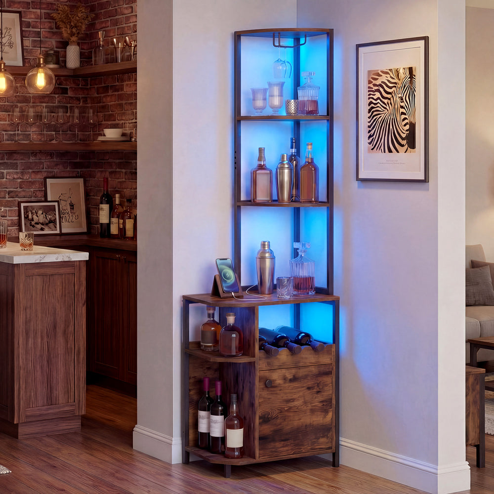 6-tier rustic brown corner bar cabinet with LED lights, wine rack, and charging station for organized kitchen space.