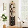 6-tier corner shelf with a brown finish, featuring open shelves and a mesh cabinet for stylish storage and display.