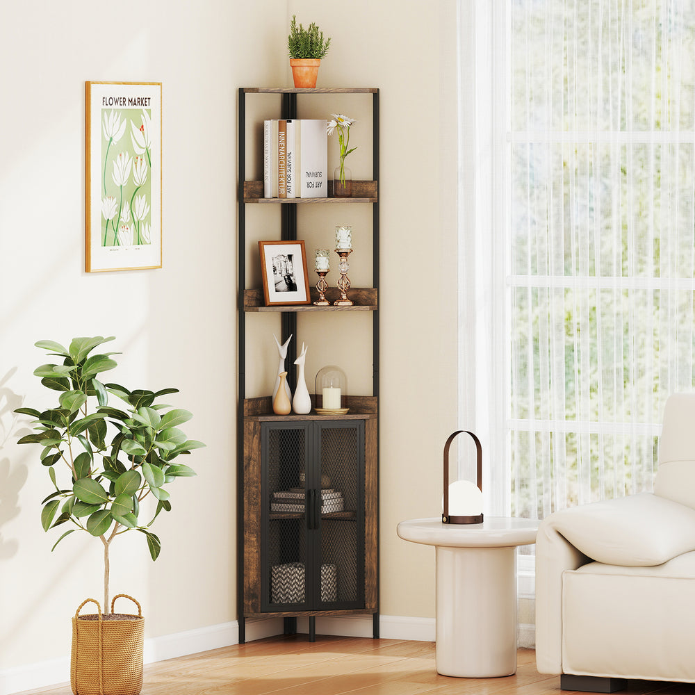 6-Tier Corner Shelf 67 Inches Tall Corner Bookshelf with Cabinet Industrial Bookcase-Brown - Gallery View 1 of 10