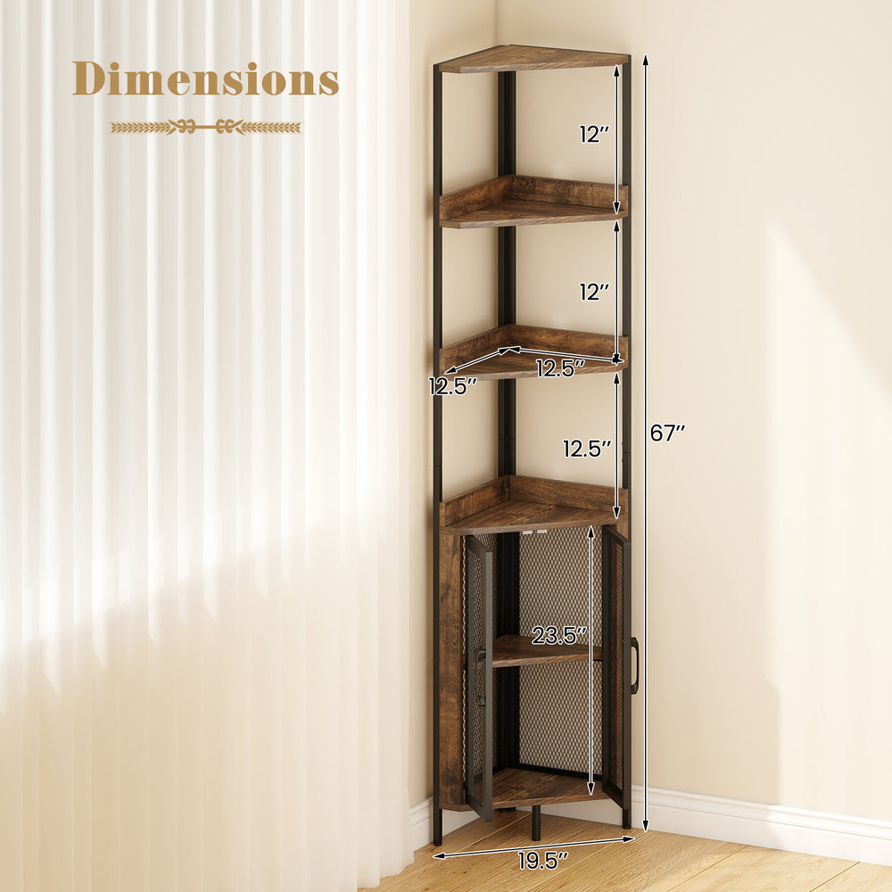 6-tier corner shelf with a brown wood finish, featuring a mesh cabinet and open design for ample storage in tight.