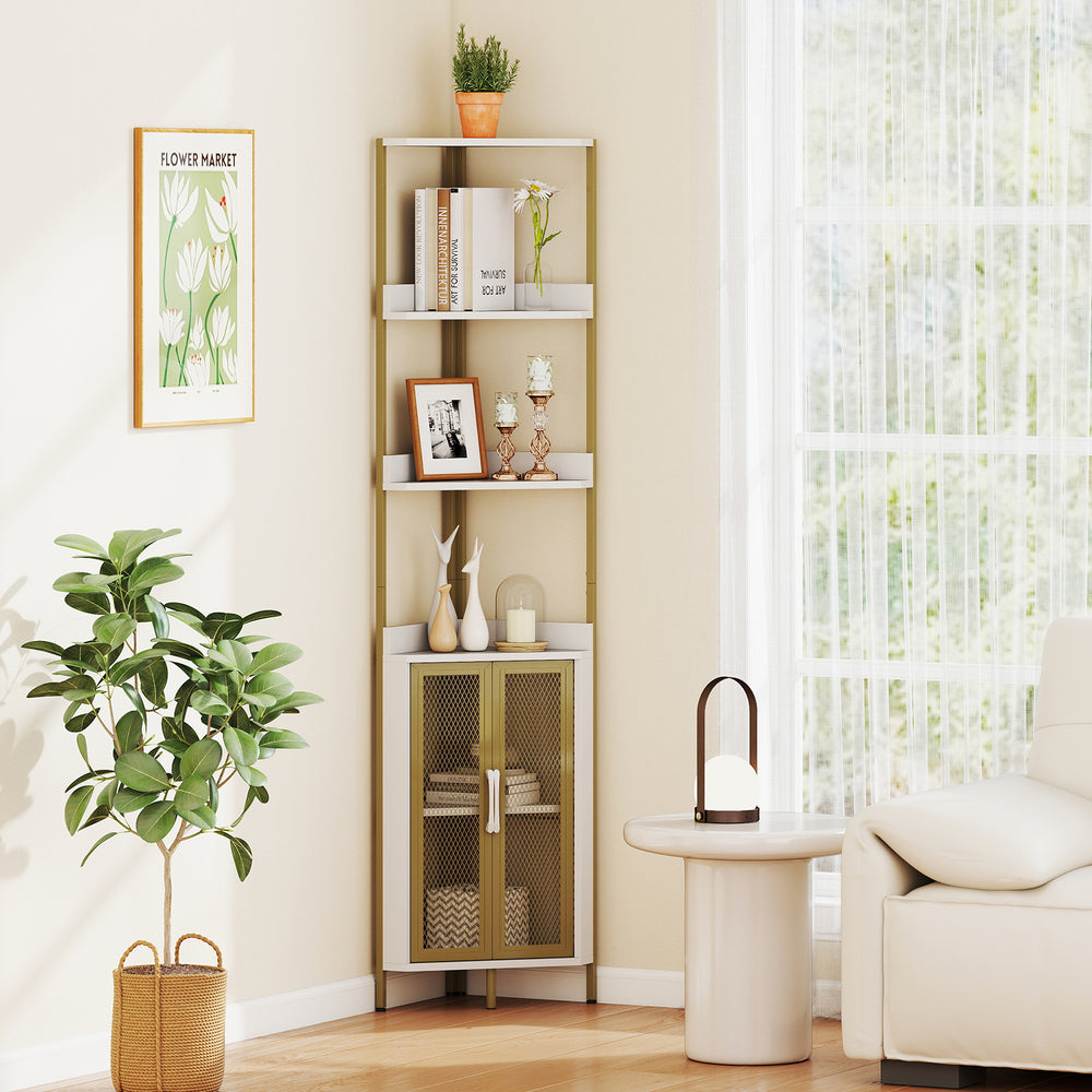 6-Tier Corner Shelf 67 Inches Tall Corner Bookshelf with Cabinet Industrial Bookcase-White - Gallery View 1 of 9