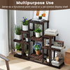 6-tier wood plant display rack made of pine, featuring a unique design for indoor or outdoor use, holds 9 potted plants.