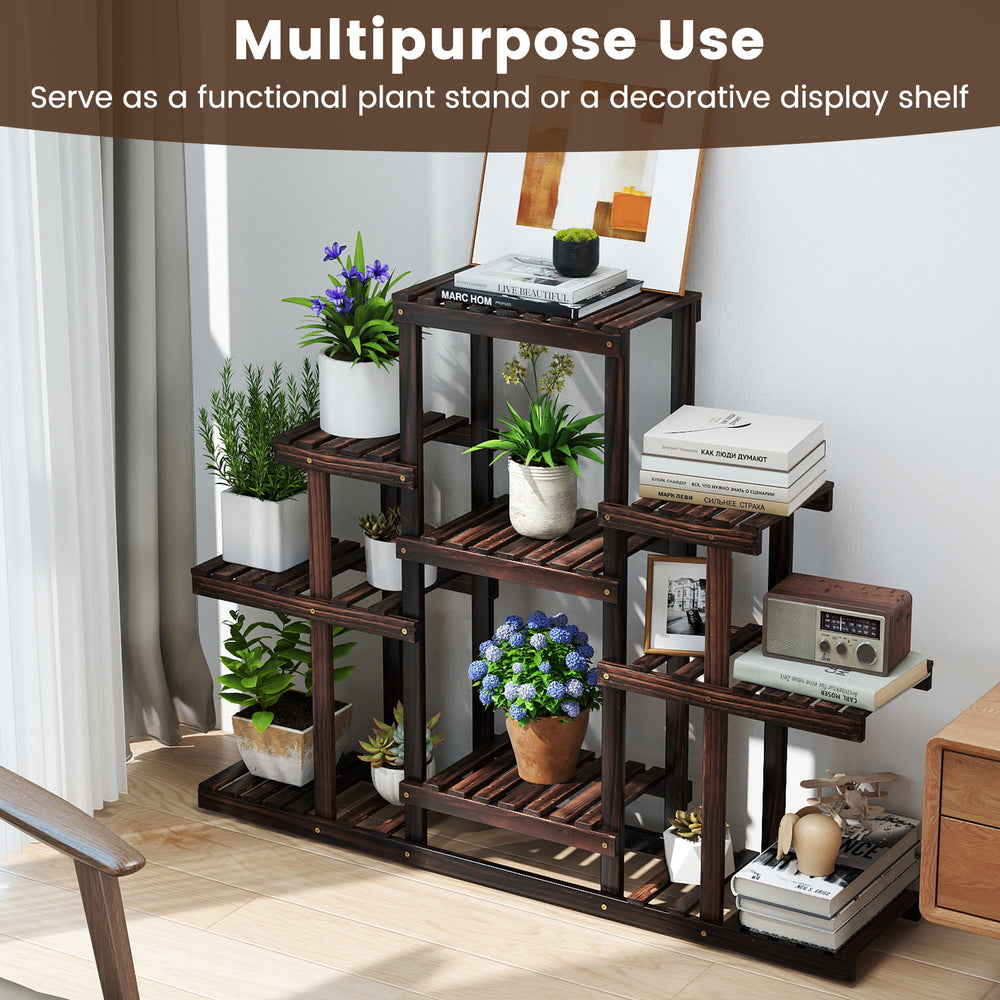6-tier wood plant display rack made of pine, featuring a unique design for indoor or outdoor use, holds 9 potted plants.