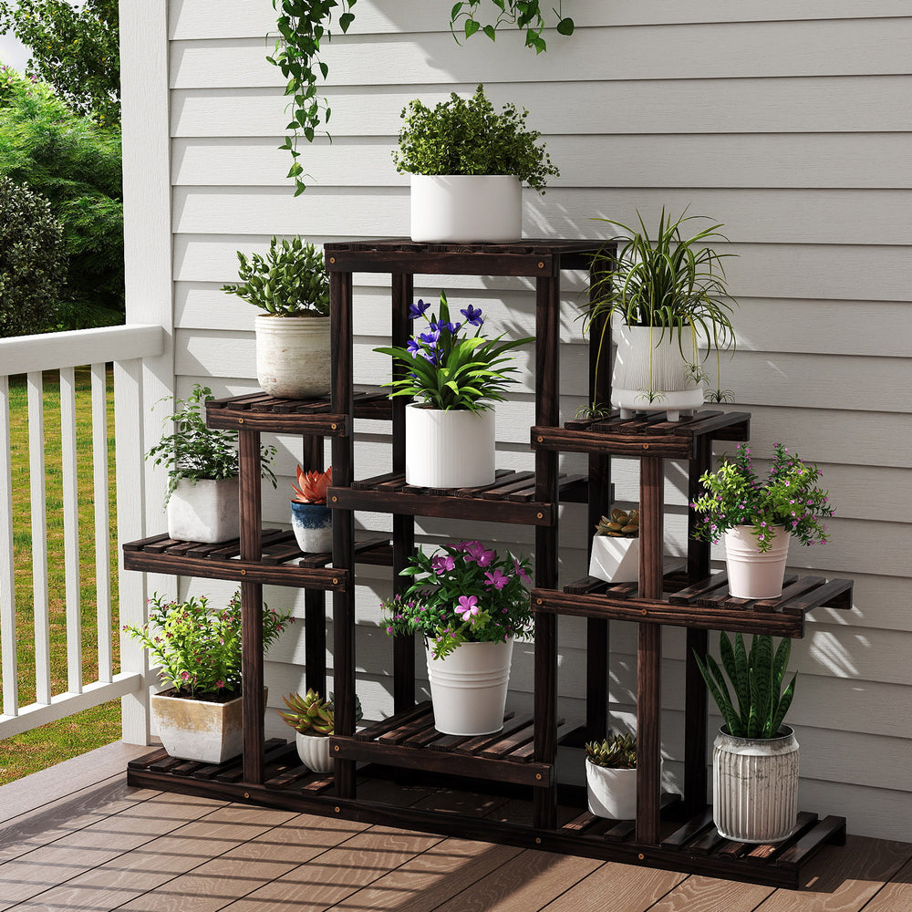 6-tier wood plant display rack made of natural pine, showcasing potted plants on a stable, stylish shelf for outdoor.