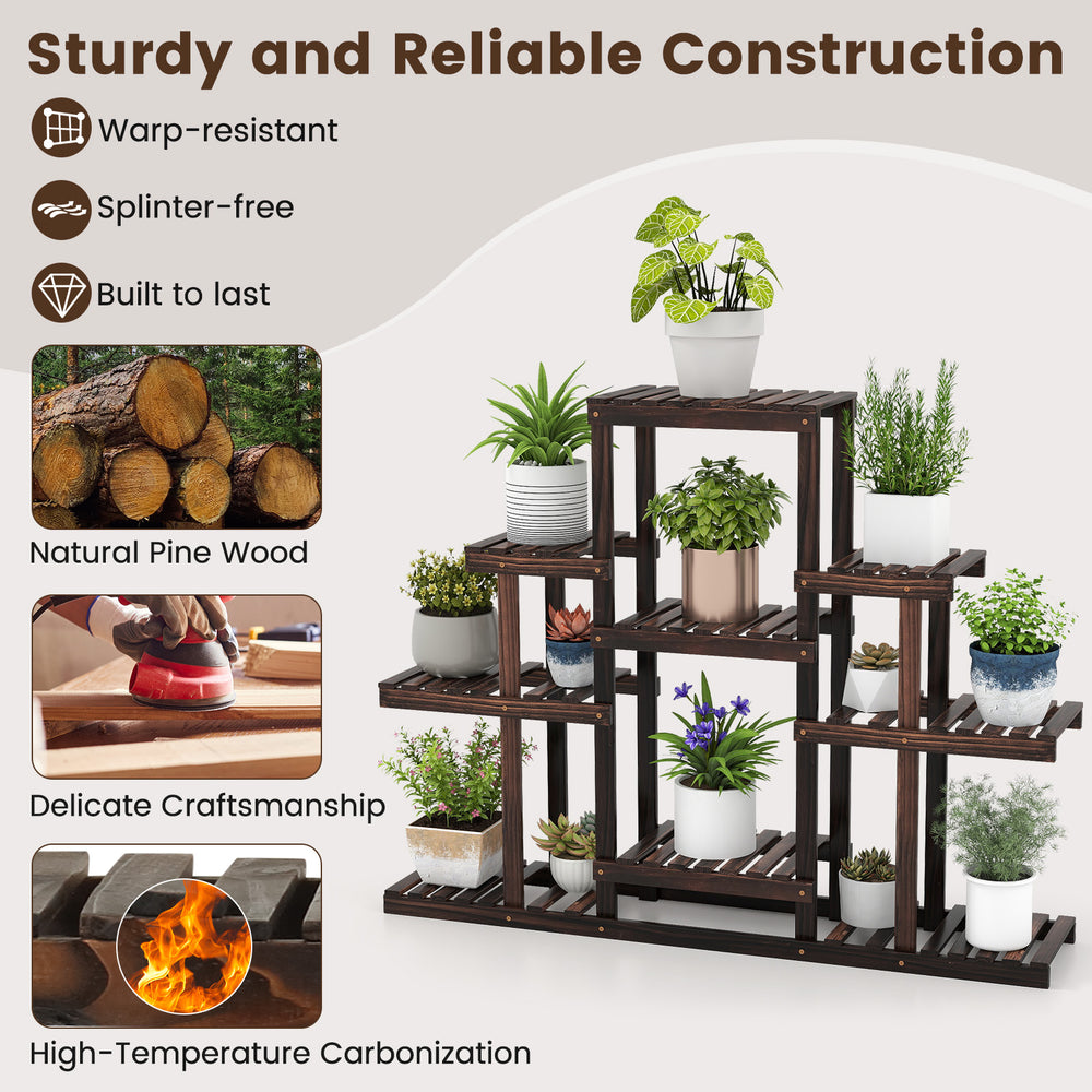 6-tier plant display rack made of natural pine wood, featuring a sturdy design for indoor and outdoor use.