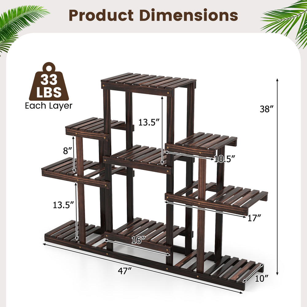 6-tier plant display rack made of natural pine wood, featuring a unique design for indoor and outdoor use.