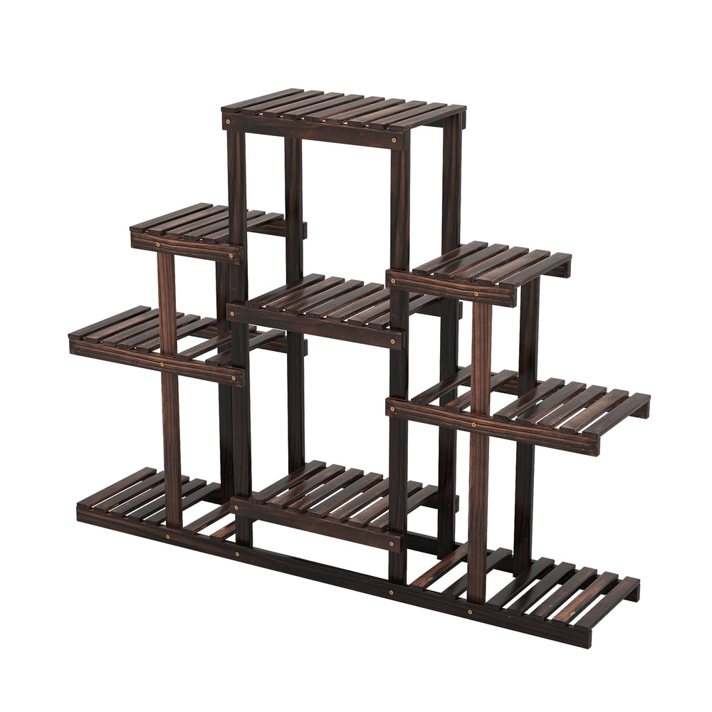 6-tier flower stand made of natural pine wood, featuring a unique symmetric design for indoor or outdoor plant display.