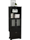 Freestanding black bathroom cabinet with 2 open shelves and 2 glass-door cabinets, perfect for stylish storage.