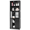 Freestanding black bathroom cabinet with 2 open shelves, 2 cabinets, and adjustable shelves for versatile storage.