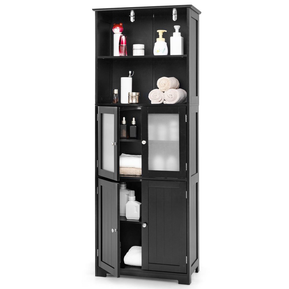 Freestanding black bathroom cabinet with 2 open shelves, 2 cabinets, and adjustable shelves for versatile storage.
