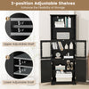 Freestanding black bathroom cabinet with adjustable shelves, two open compartments, and two cabinet doors for versatile.