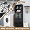 Freestanding black bathroom cabinet with 2 open shelves and adjustable shelves for organized storage.