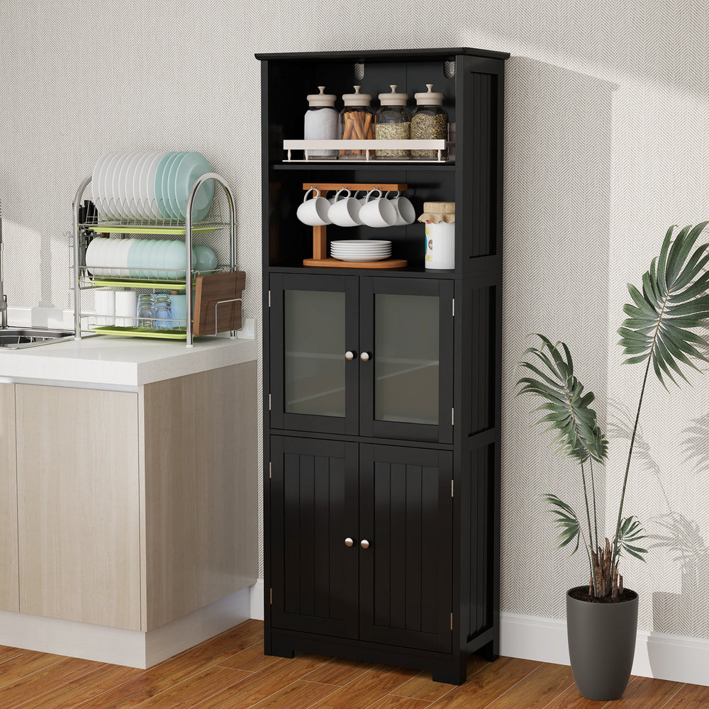 Freestanding black cabinet with 2 open shelves and 2 glass-door cabinets, ideal for bathroom or kitchen storage.