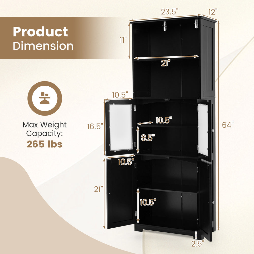 6-tier black bathroom cabinet with adjustable shelves, 2 open compartments, and doors for versatile storage solutions.