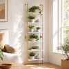 Freestanding 6-tier bookshelf with a sturdy metal frame, ideal for organizing plants and decor in narrow spaces.