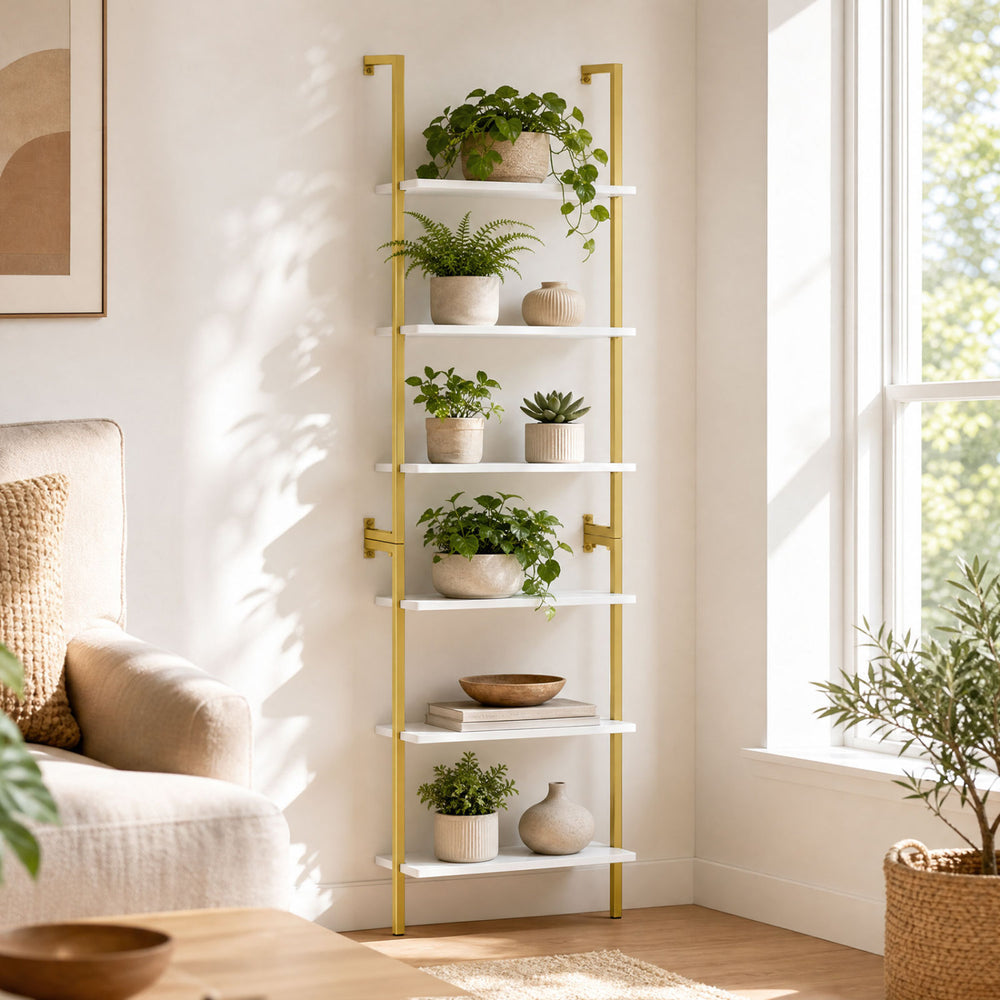 Freestanding 6-tier bookshelf with a sturdy metal frame, ideal for organizing plants and decor in narrow spaces.