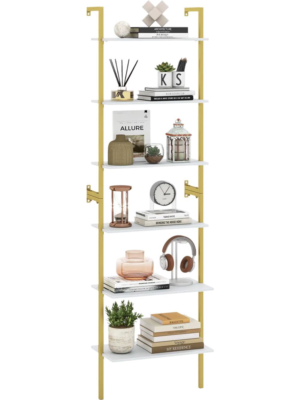 Freestanding 6-tier bookshelf with a sturdy metal frame, ideal for organizing books and decor in narrow spaces.