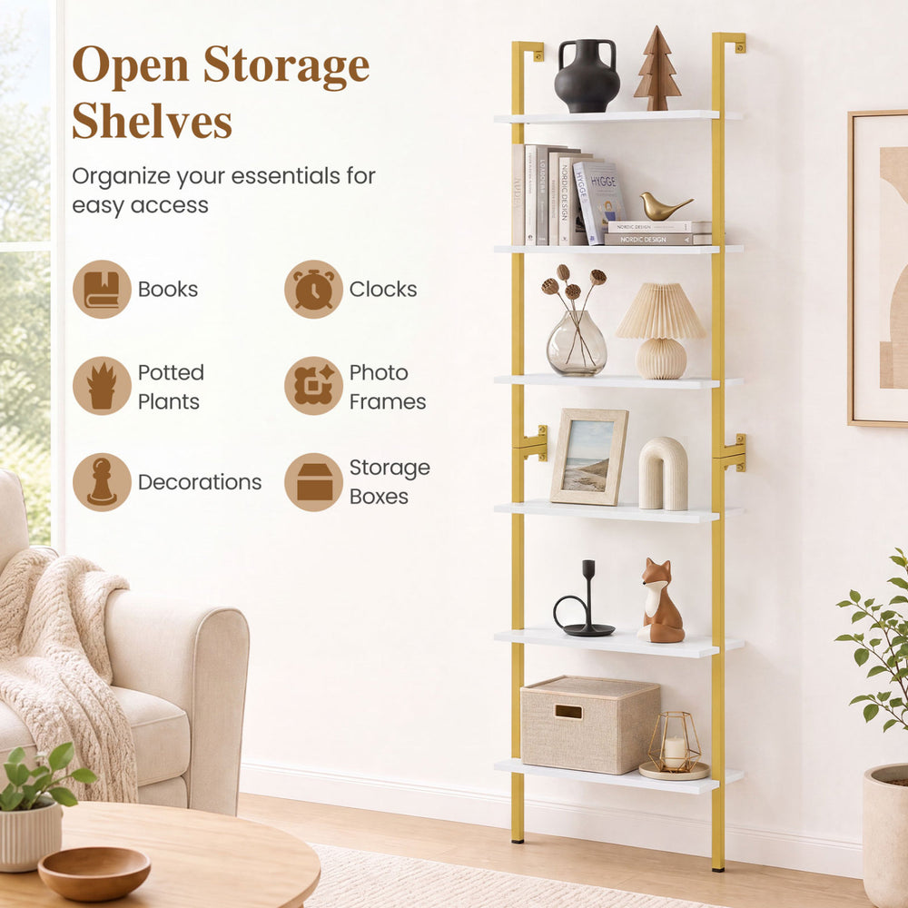 6-tier freestanding ladder storage bookshelf with a sturdy metal frame, ideal for organizing essentials in study or pantry.