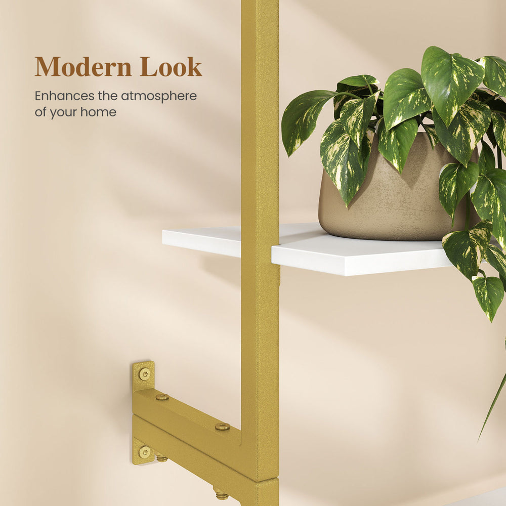 Freestanding 6-tier bookshelf with a sturdy metal frame and white shelves, ideal for organizing essentials in modern spaces.