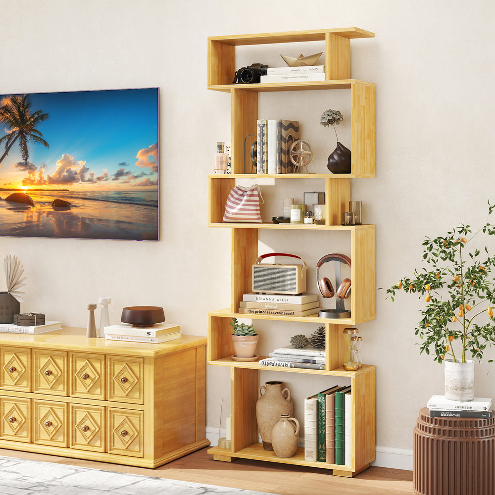 6-Tier Geometric Bookshelf with 2 Anti-Tipping Kits for Home Office-Wood - Gallery View 1 of 10