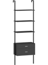 6-tier ladder bookcase in black with 4 shelves and 2 drawers, perfect for organizing books and decor in any room.