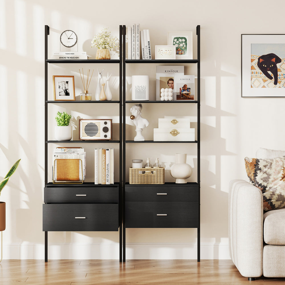 6-tier black ladder bookcase with 2 drawers, featuring open shelves for books and decor, perfect for living room or.