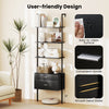 6-tier black ladder bookcase with 2 drawers, metal frame, and open shelves for versatile storage in living room or.
