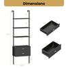 6-tier ladder bookcase in black with 2 drawers, featuring open shelves for versatile storage and a sturdy metal frame.