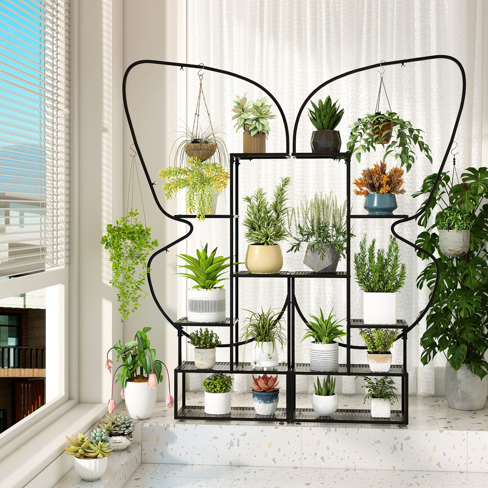 Elegant 6-tier black metal plant stand with butterfly design, showcasing various potted plants and hanging hooks for.