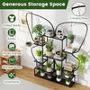 6-tier black metal plant stand with butterfly design, featuring 12 shelves and 4 hanging hooks for versatile display.