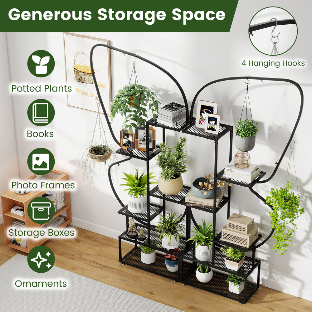 6-tier black metal plant stand with butterfly design, featuring 12 shelves and 4 hanging hooks for versatile display.