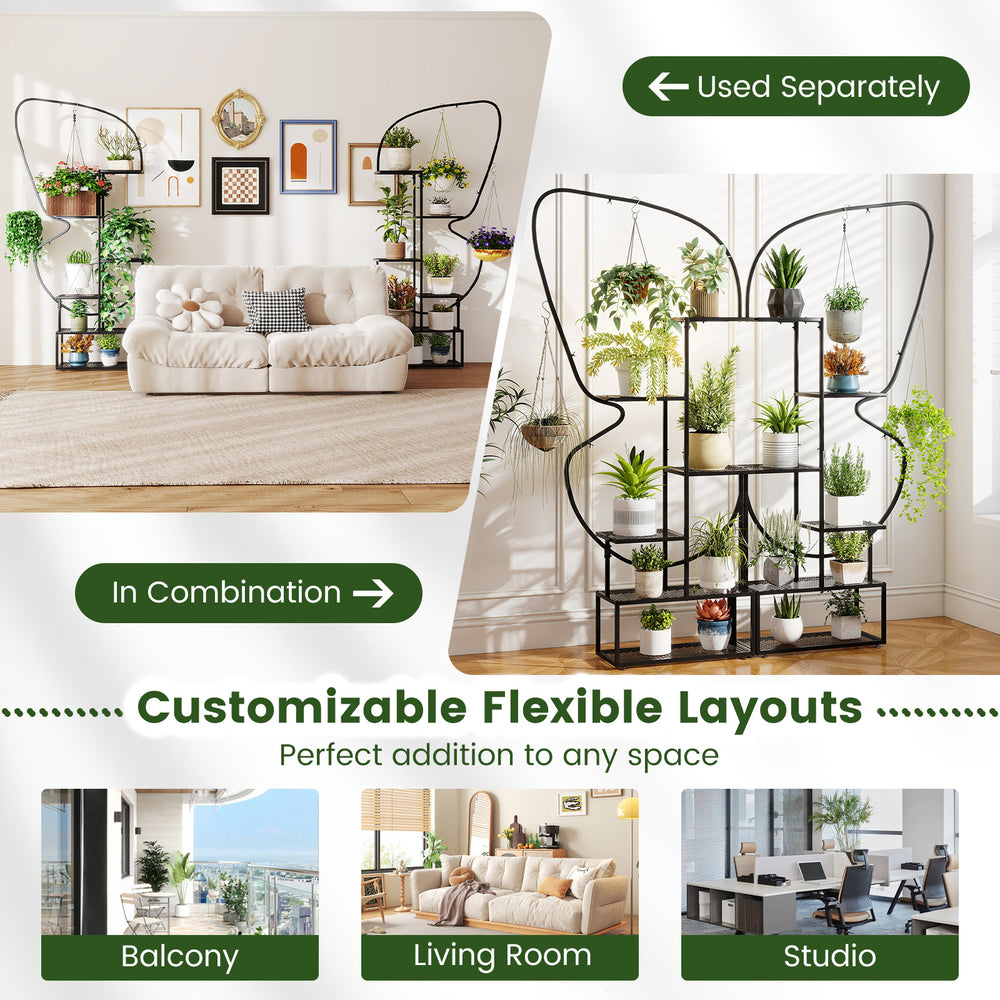 6-tier black metal plant stand with butterfly design, featuring 12 shelves and 4 hooks, ideal for living rooms and.