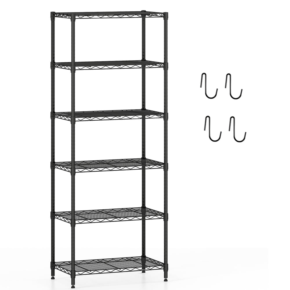6-tier black metal storage shelving unit with adjustable shelves and 900 lbs capacity, ideal for organizing various.