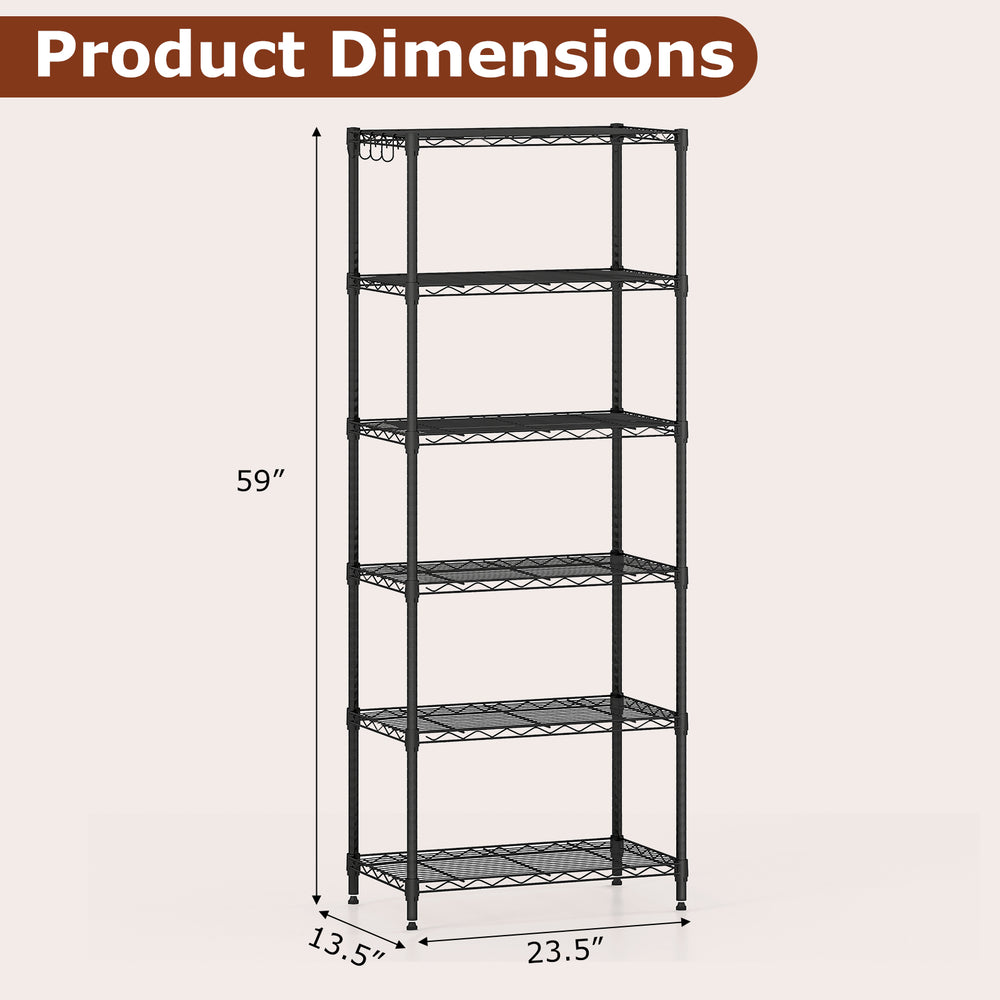 6-tier black metal storage shelving unit with adjustable shelves, measuring 59" high, ideal for kitchen and garage.