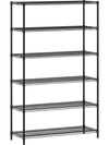 6-tier black metal storage shelving unit with V-shaped wire racks, adjustable shelves for garage or home organization.