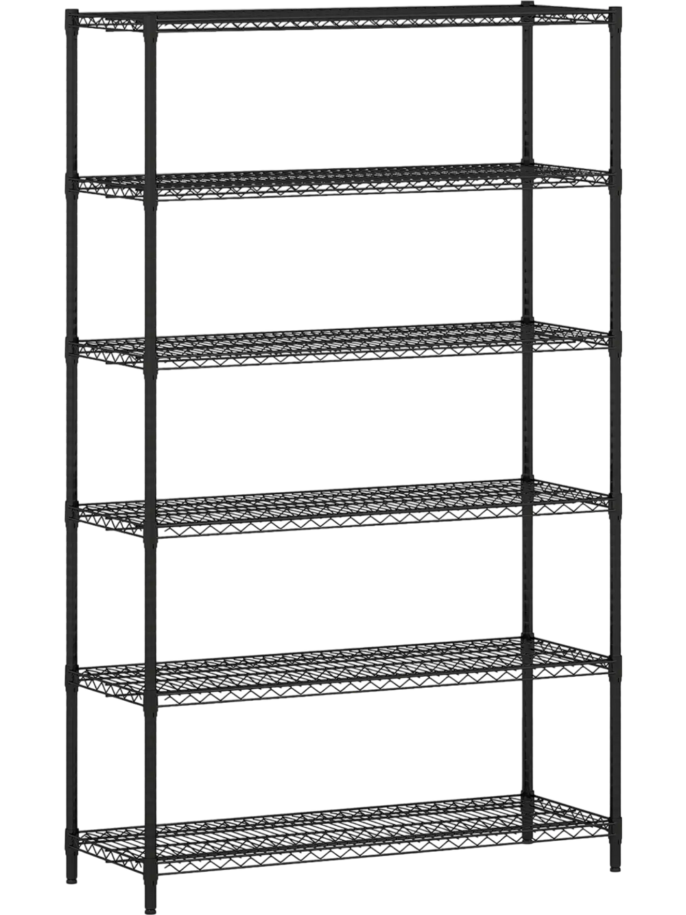 6-tier black metal storage shelving unit with V-shaped wire racks, adjustable shelves for garage or home organization.