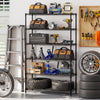 Heavy-duty black metal shelving unit with V-shaped wire racks, showcasing organized tools and gear for efficient garage.