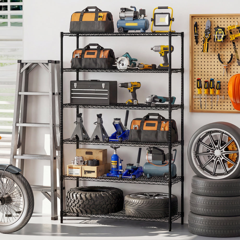Heavy-duty black metal shelving unit with V-shaped wire racks, showcasing organized tools and gear for efficient garage.