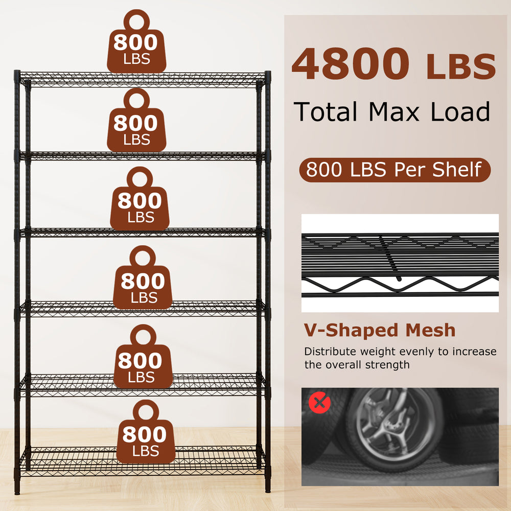 6-tier black metal storage shelving unit with V-shaped wire racks, supporting 800 lbs per shelf for garage or home use.