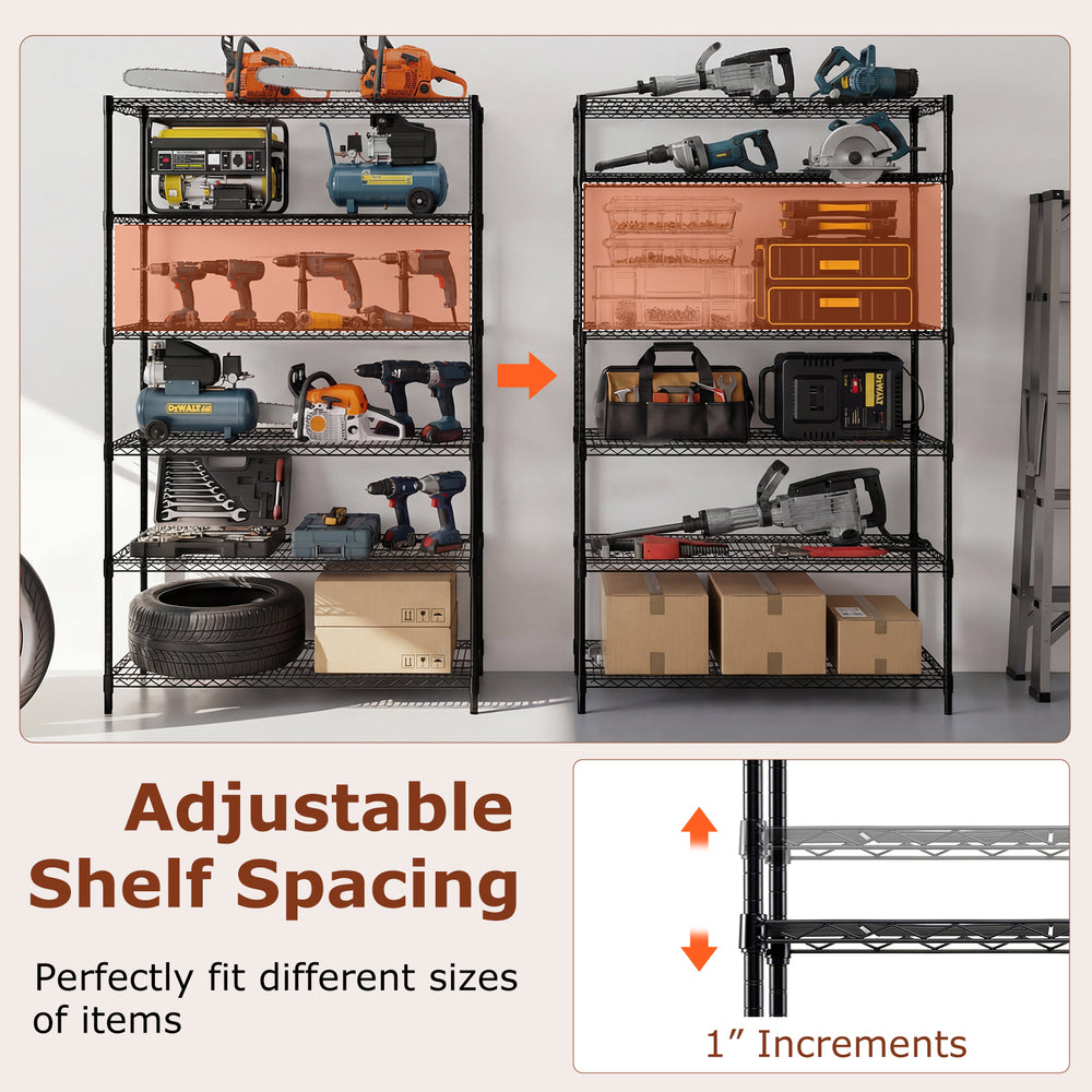 6-tier metal storage shelving unit with adjustable shelves, V-shaped wire racks, ideal for garage and home organization.