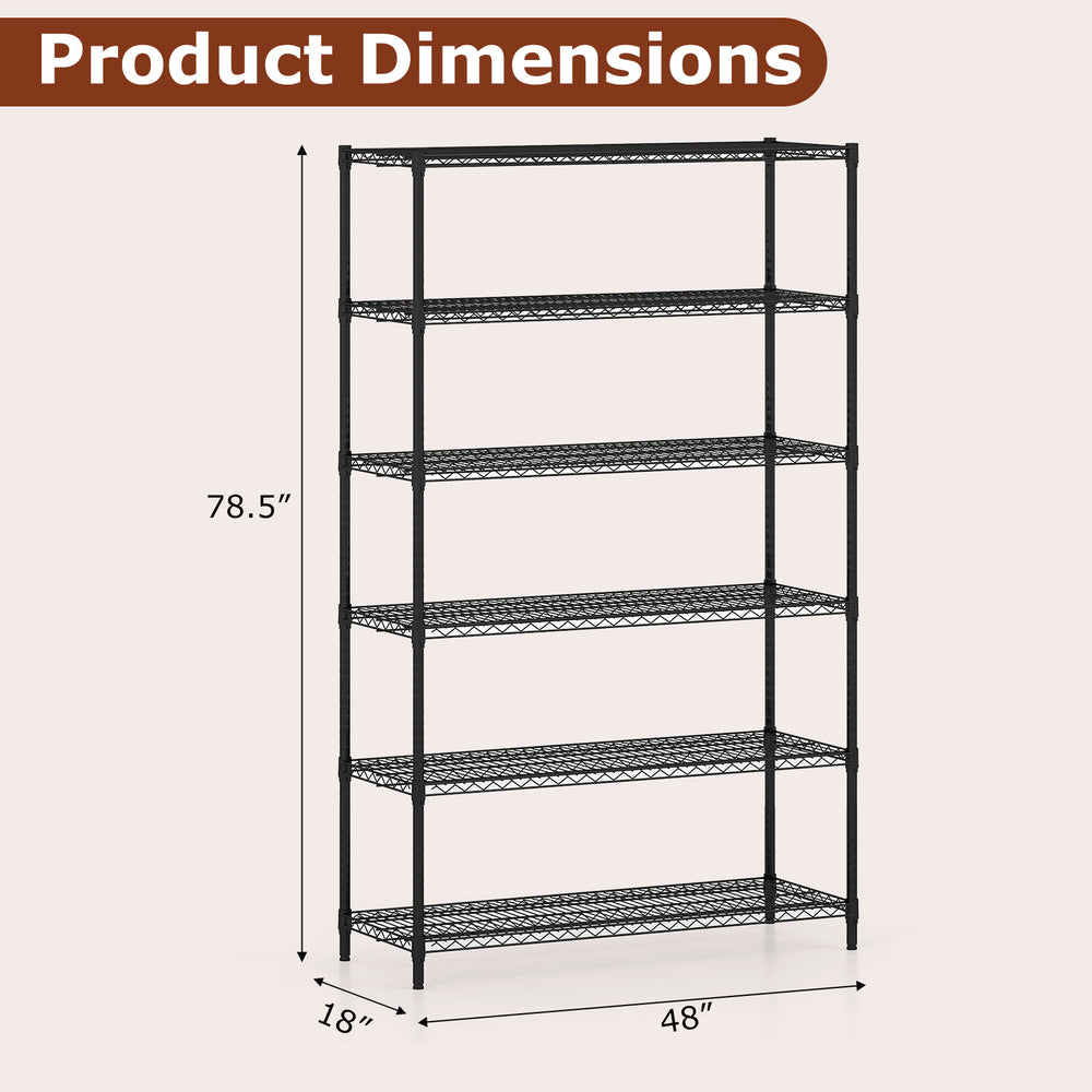 6-tier black metal storage shelving unit with adjustable shelves, measuring 78.5” x 48” x 18”, ideal for garage or home.