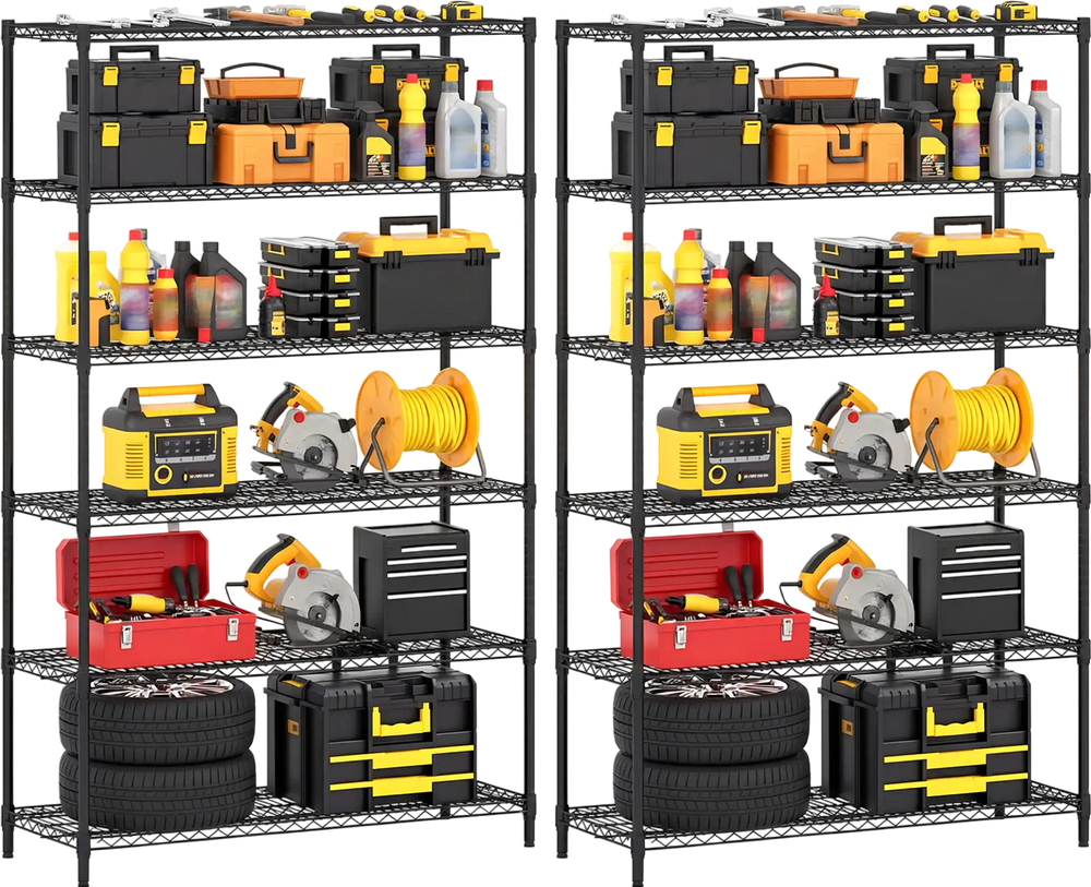 6-tier black metal storage shelving unit set of 2 with adjustable shelves, ideal for garage and utility organization.