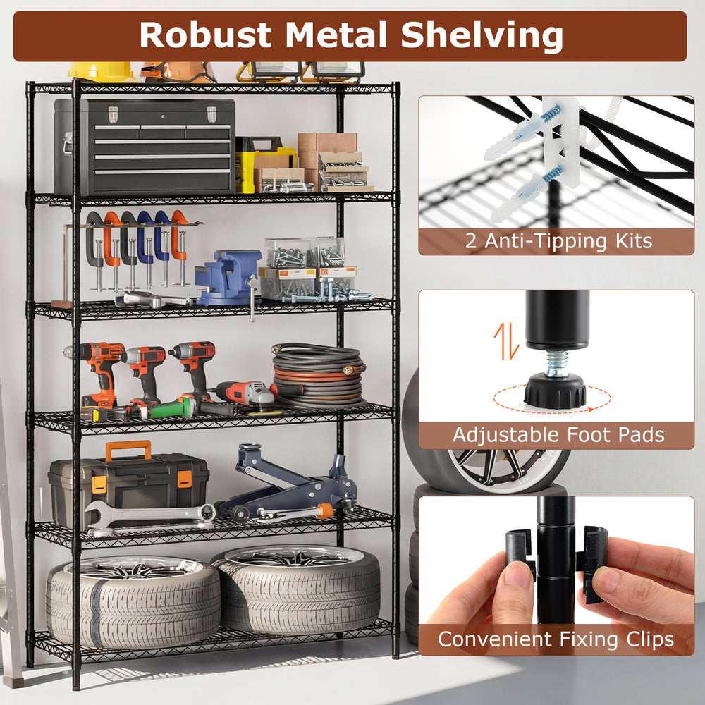 6-tier black metal storage shelving unit with adjustable shelves and anti-tipping kits, ideal for garage or basement.