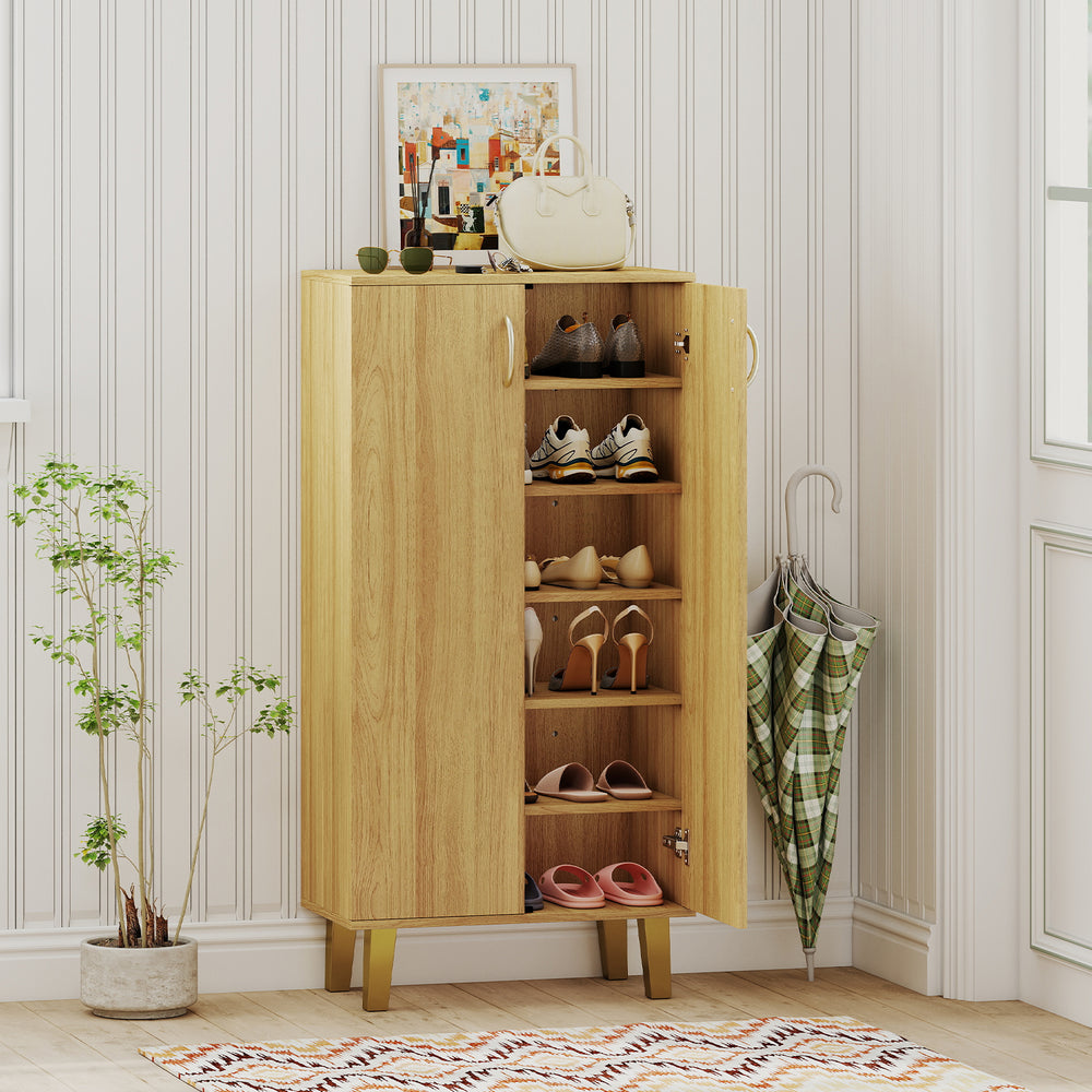 Modern 6-tier wooden shoe cabinet in oak with removable shelves, perfect for organizing shoes in entryways or living.