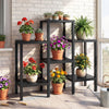 6-tier black plastic modular storage shelves with potted plants, ideal for living room or kitchen organization.
