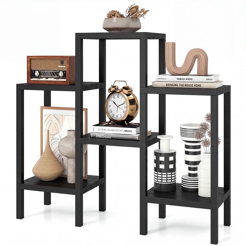 Black 6-tier modular storage shelves showcasing decorative items, ideal for living room and kitchen organization.