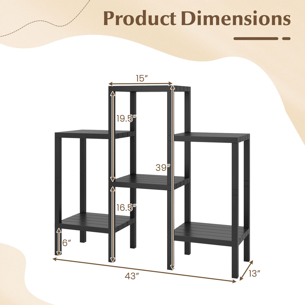 Modular 6-tier black plastic storage shelves with dimensions for customizable living room or kitchen organization.