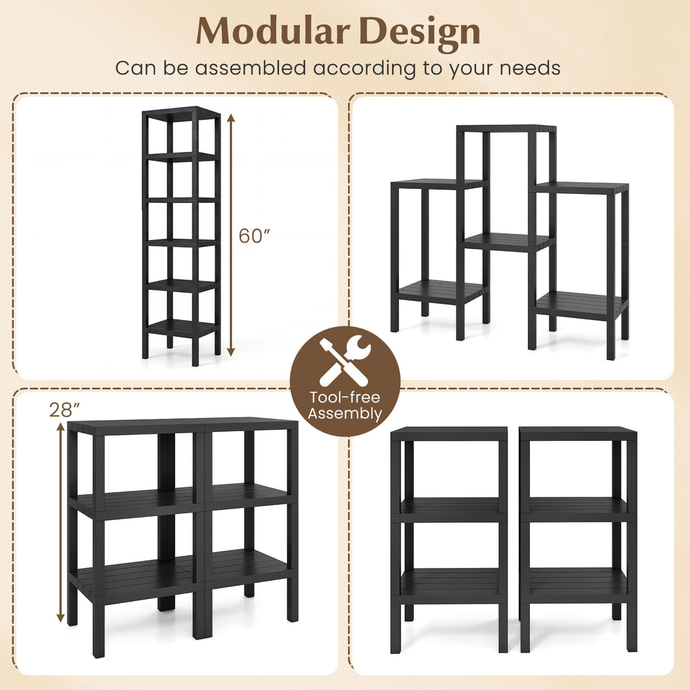 6-tier black plastic modular storage shelves, 60" tall, customizable design for living room or kitchen organization.