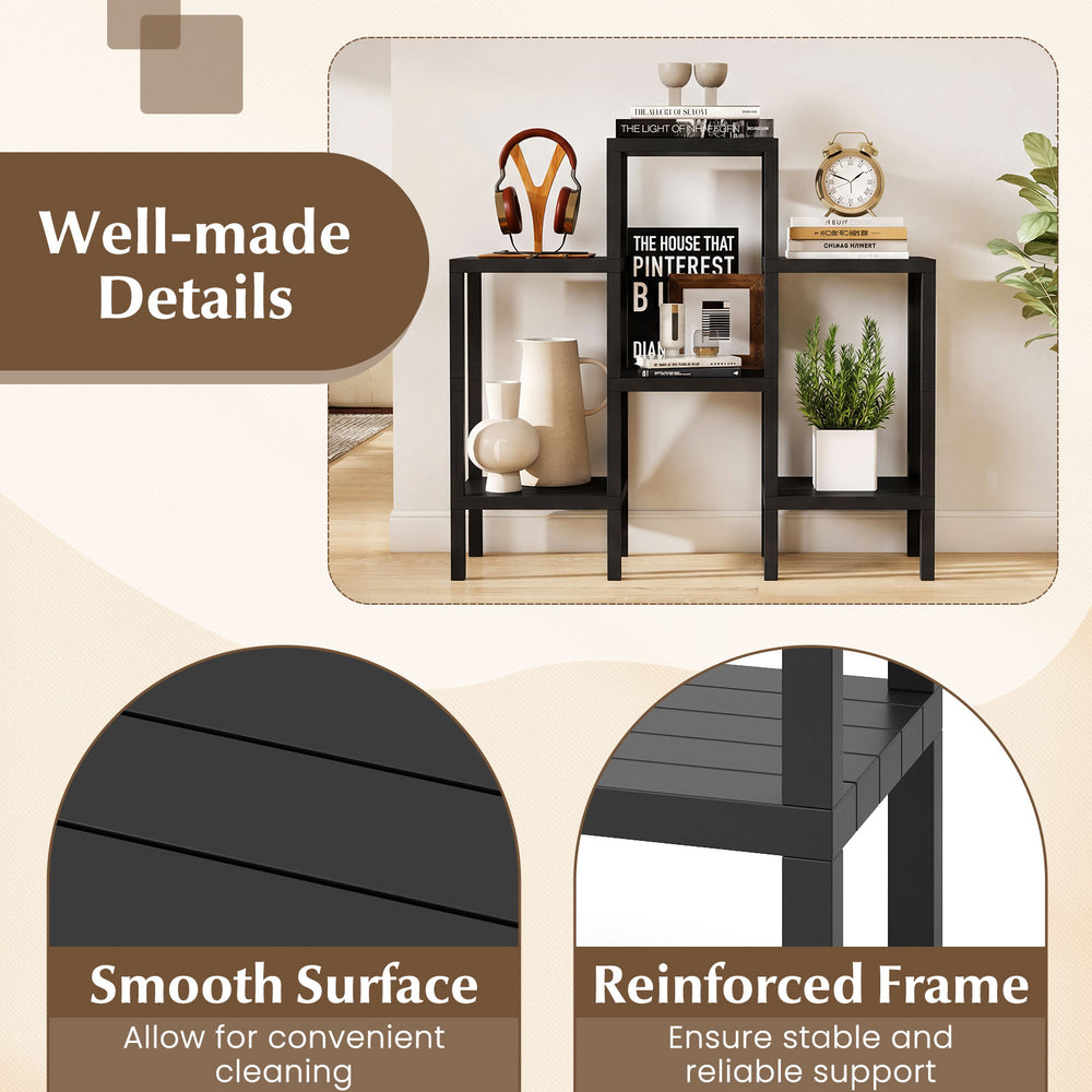 6-tier black modular storage shelves with smooth surface and reinforced frame, ideal for living room or kitchen.