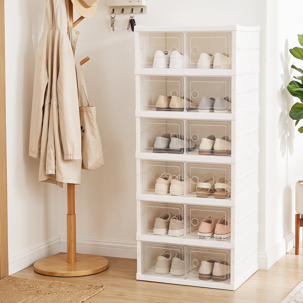 White 6-tier shoe organizer with clear doors, showcasing portable design and magnetic closure for efficient shoe storage.